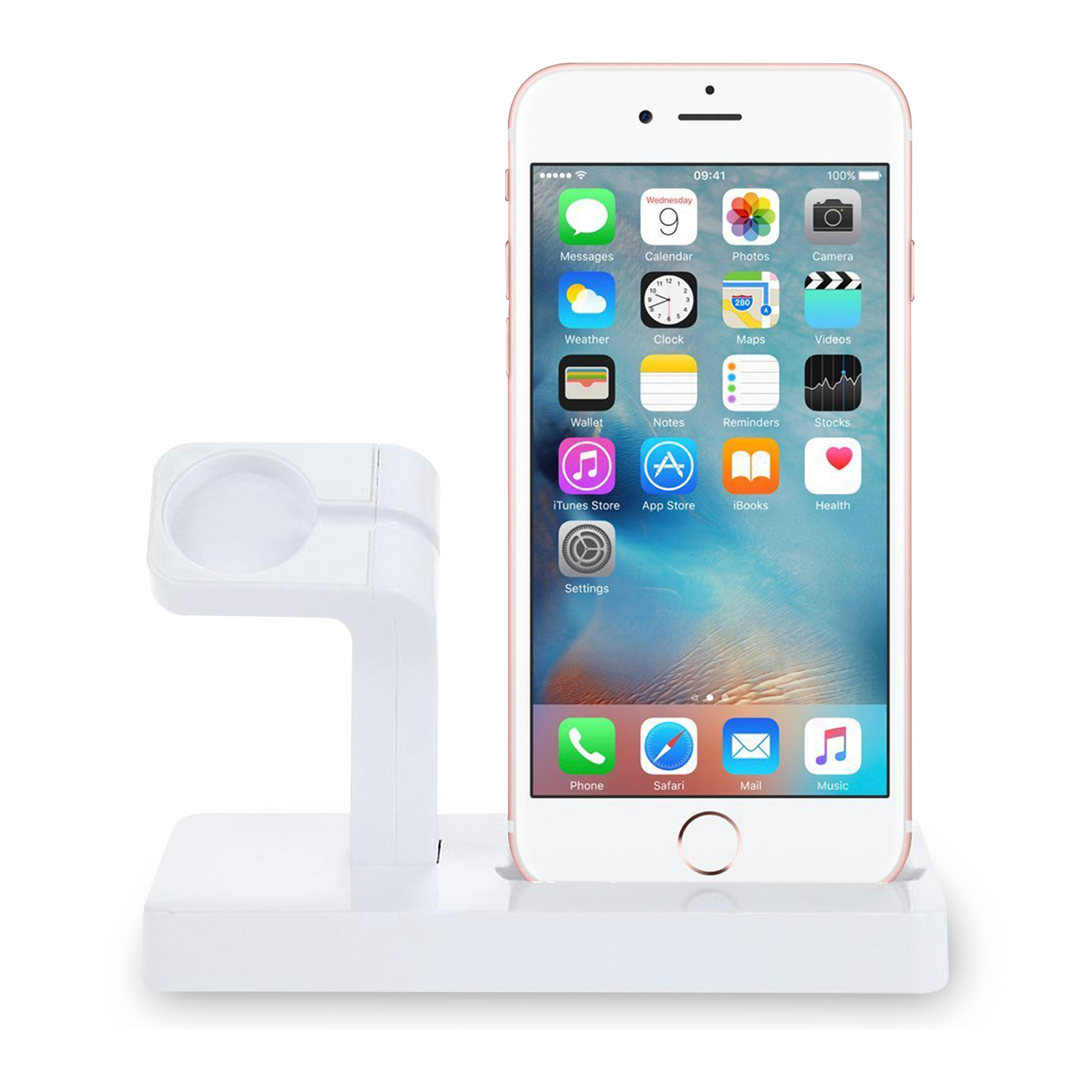 Base di ricarica per Apple iPhone, connessione Lightning a 8 pin e supporto di ricarica per Apple Watch.