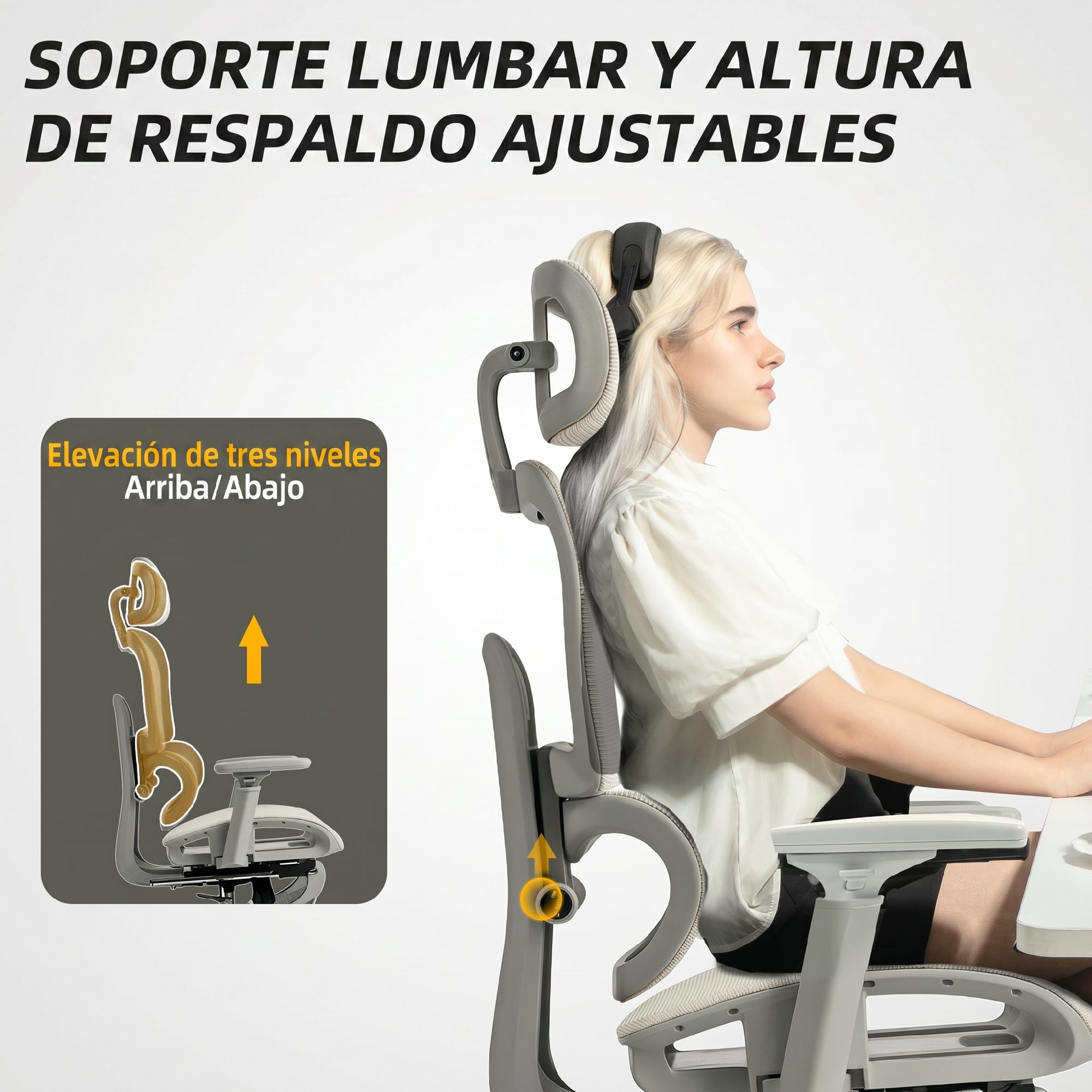Silla de Oficina Ergonómica de Malla, Silla de Escritorio con Reposabrazos 3D, Reclinable a 135°, Reposacabezas Ajustable, Respaldo Alto, Soporte Lumbar, Reposapiés, Altura Ajustable, Beige