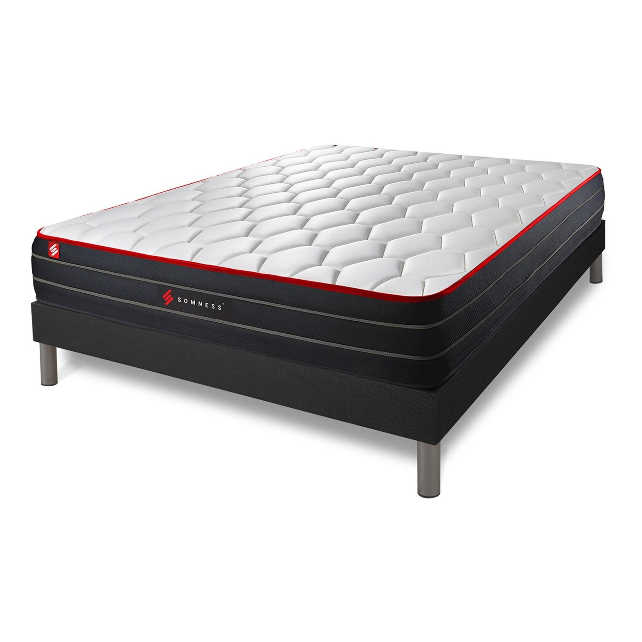 Pack prêt à dormir matelas BOOST ressorts ensachés et mémoire de forme + sommier kit noir + Couette + 2 oreillers