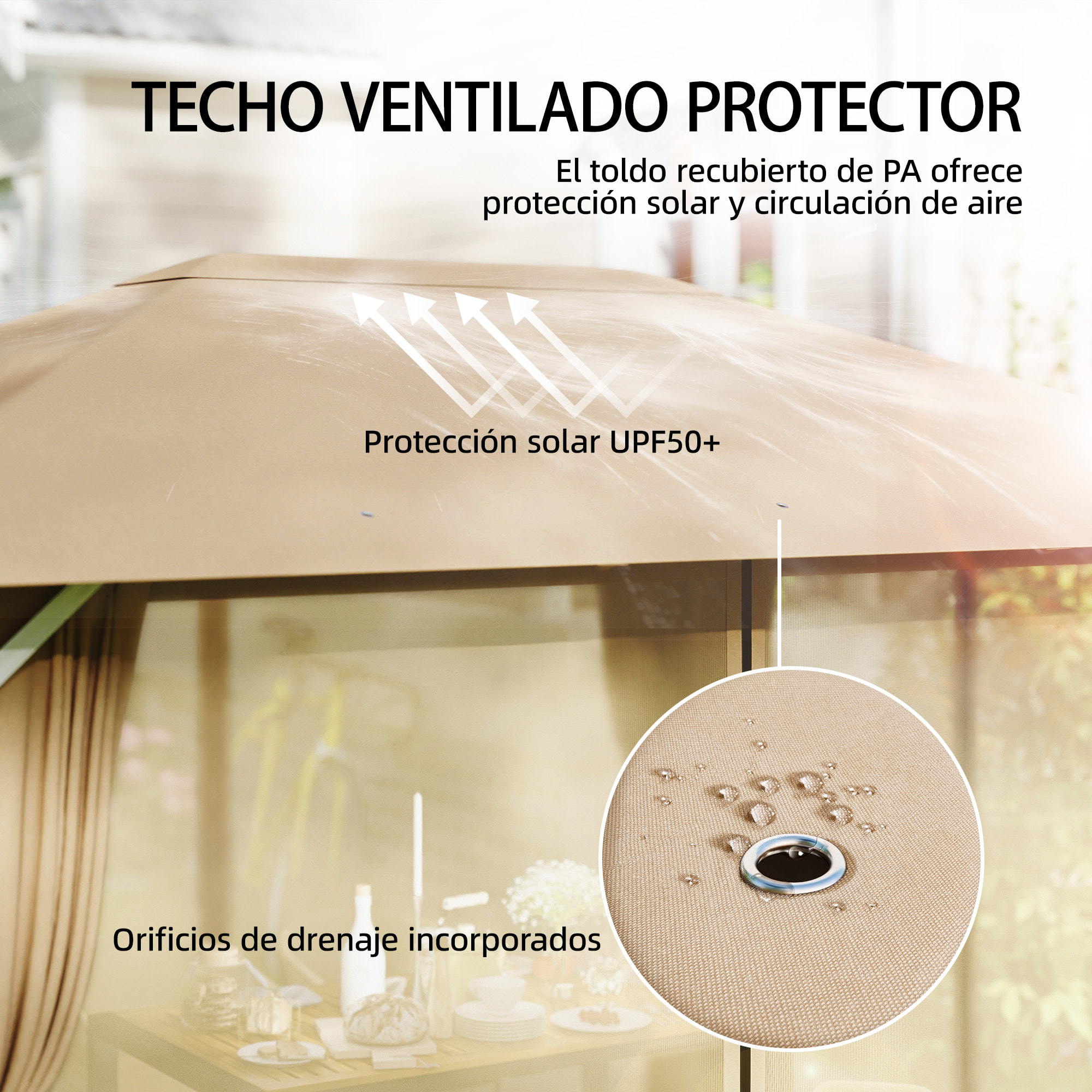 para Jardín 3x4 m, Pabellón de Jardín Gazebo con Techo Ventilado, 4 Paredes Laterales y 4 Mosquiteras, UPF50+, Estructura de Metal, Carpa para Exterior, Terraza, Patio, Caqui