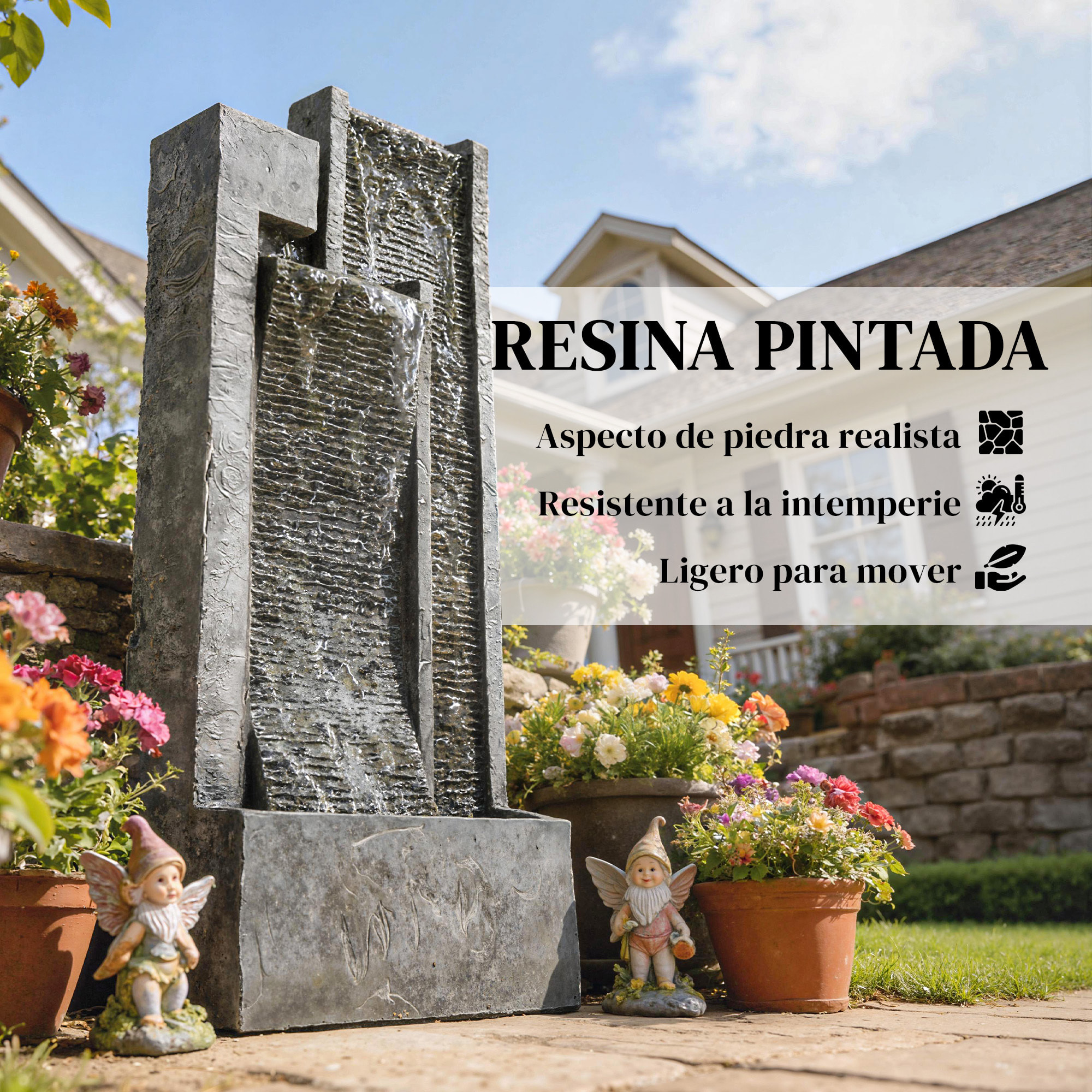 Fuente de Agua Decorativa con Iluminación LED y Maceta, Fuente de Jardín Exteror en Cascada de 3 Niveles, con Bomba, Resistente a la intemperie, para Jardín, Patio, 38x19x101 cm, Gris Oscuro