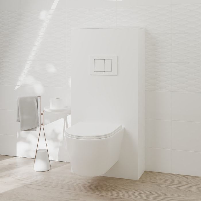 Pack Wc Suspendu + Châssis + Boîtier de Support Blanc | Toilette Blanc Mat | Bouton Blanc | Réservoir Encastré | Couvercle Amorti | Alday