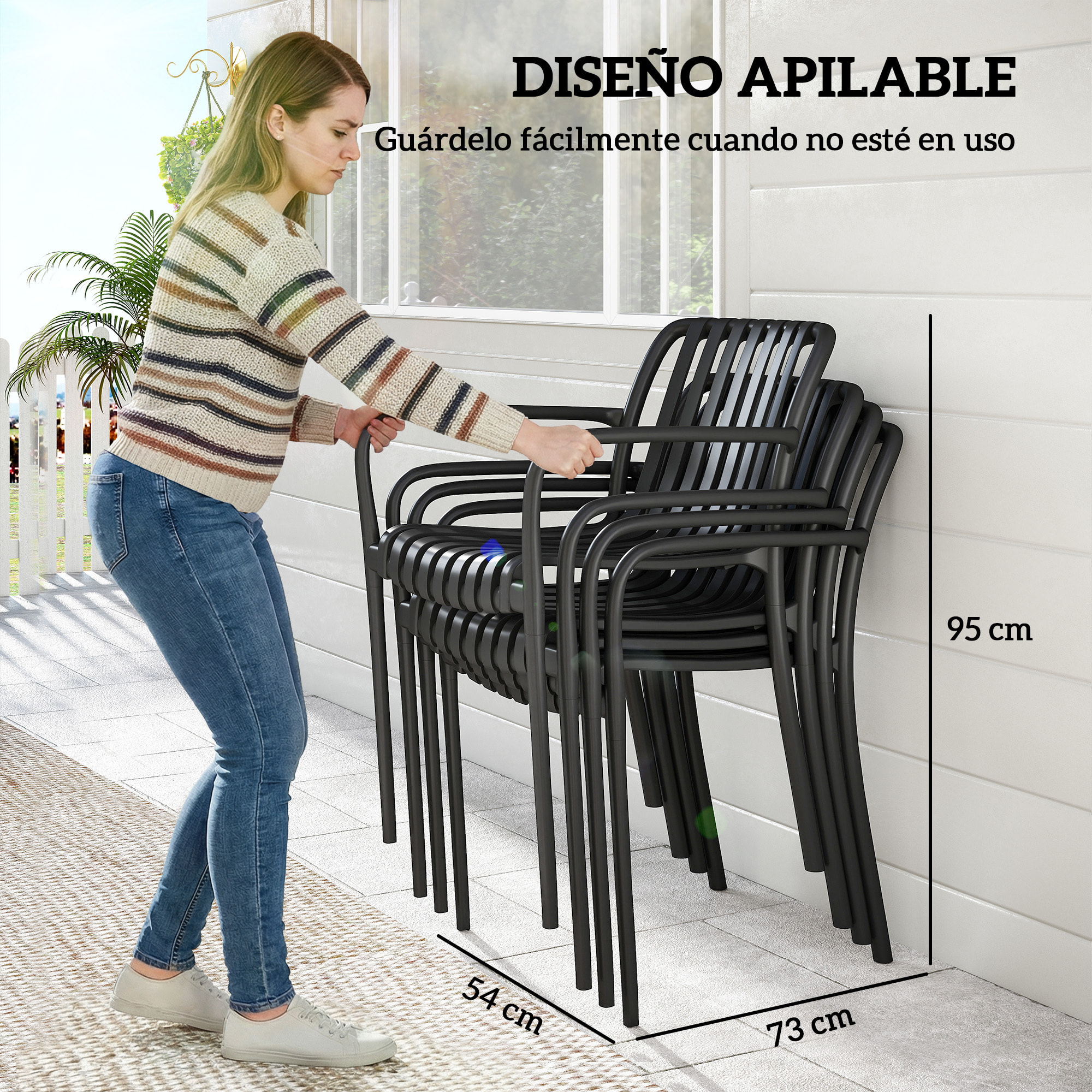 Juego de 4 Sillas de Jardín Exterior Apilables, Sillas Terraza Exterior de PP con Respaldo Curvado, Asiento de Listones, Reposabrazos, 55x58,5x81,5 cm, Negro