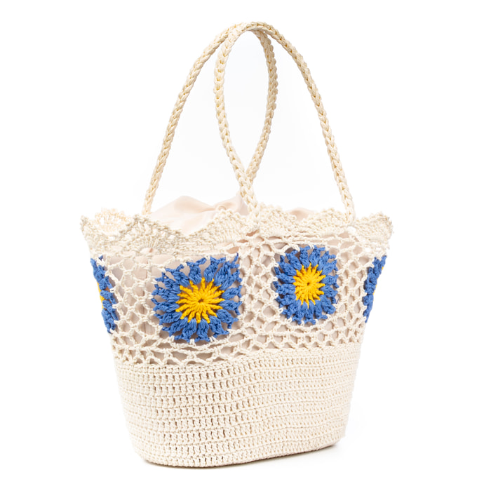 Villaga borsa a spalla donna. Realizzata in cotone, con fiori decorativi.