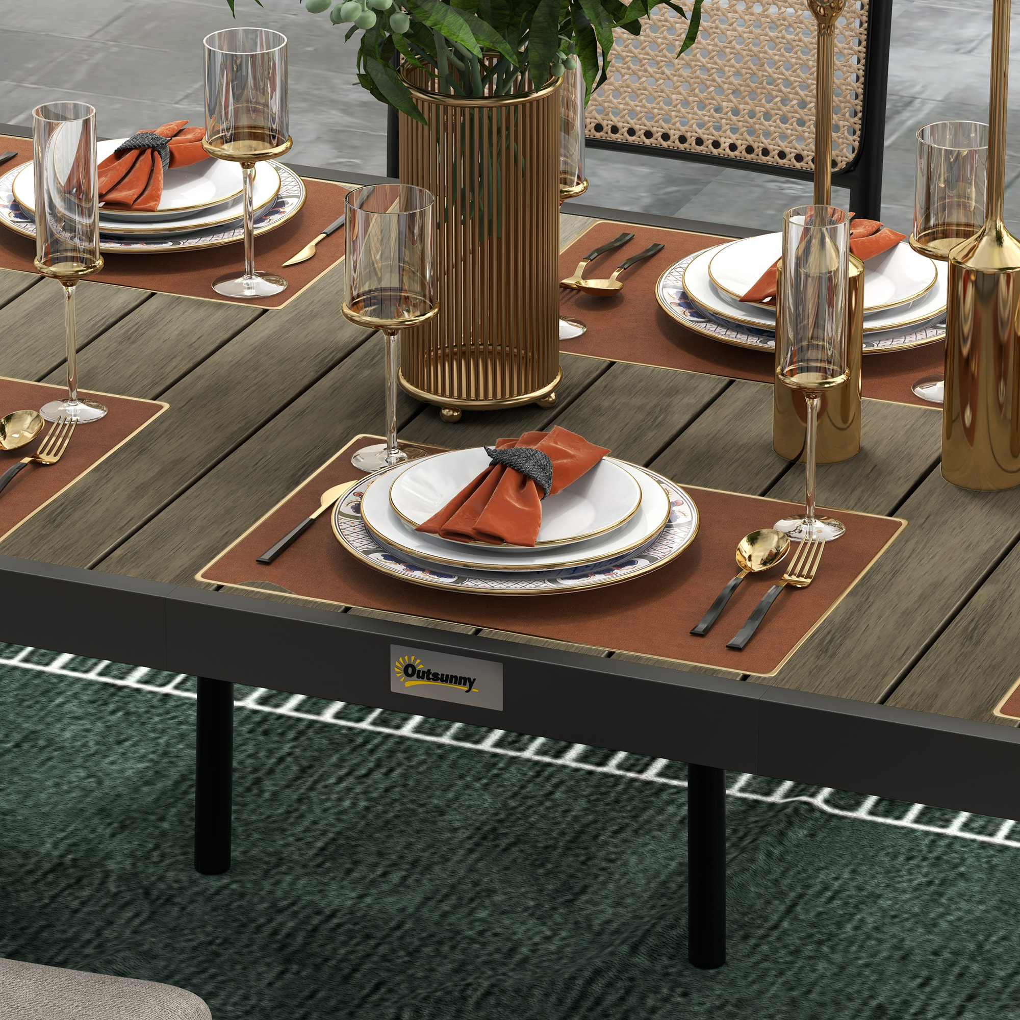 Mesa de Comedor Exterior de Aluminio Mesa de Jardín Exterior para 8 Personas con Encimera de Listones para Terraza Balcón 190x90x74 cm Natural y Negro