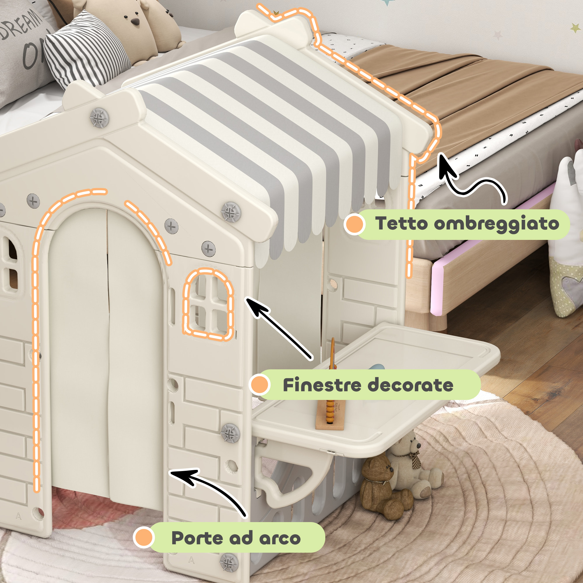 AIYAPLAY Casetta per Bambini 1-6 Anni da Interno con Porte, Finestre e Bancone da Negozio, Crema