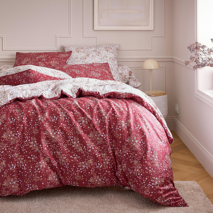 Drap plat satin de coton 110 fils motif floral - Bordeaux
