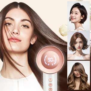 Asciugacapelli ionico da 1500W, 3 velocità, fino a 90°C. Include beccuccio concentratore magnetico.