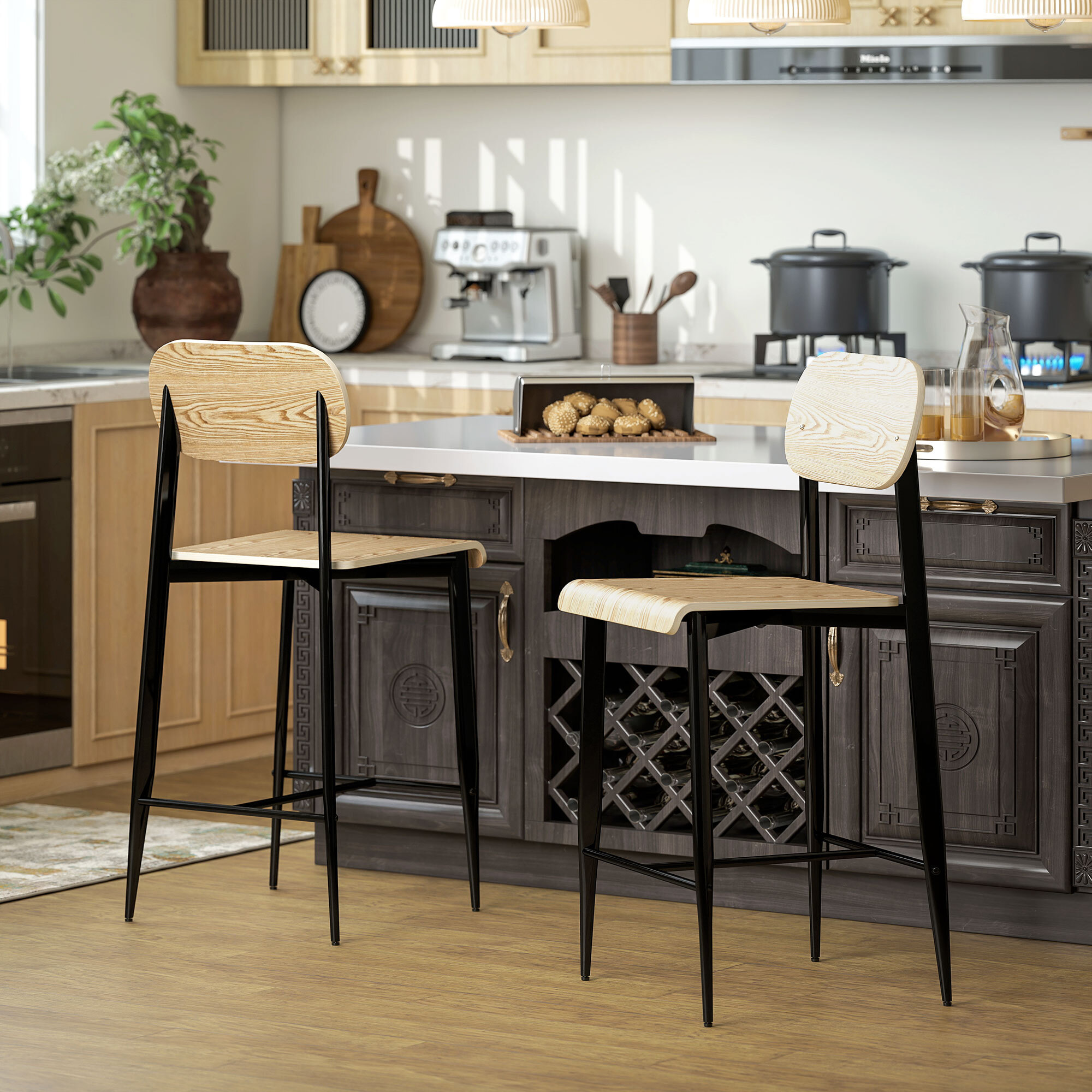 Lot de 2 tabourets de bar chaises de bar design structure acier noir assise dossier effet bois clair