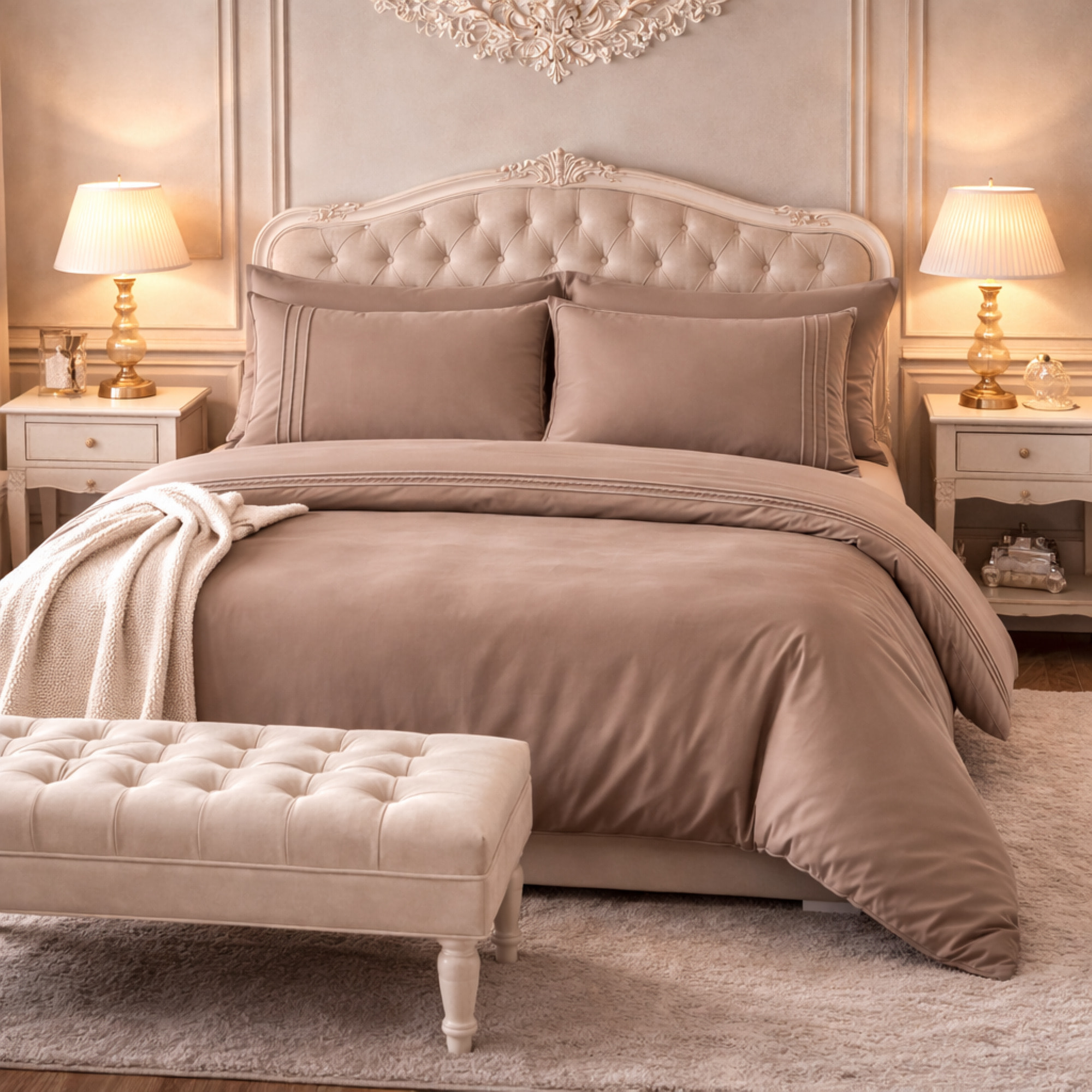 LAURA BIAGIOTTI Completo Set Lenzuola Floire Matrimoniali: L’Eleganza del Percalle firmata Hermet_tortora