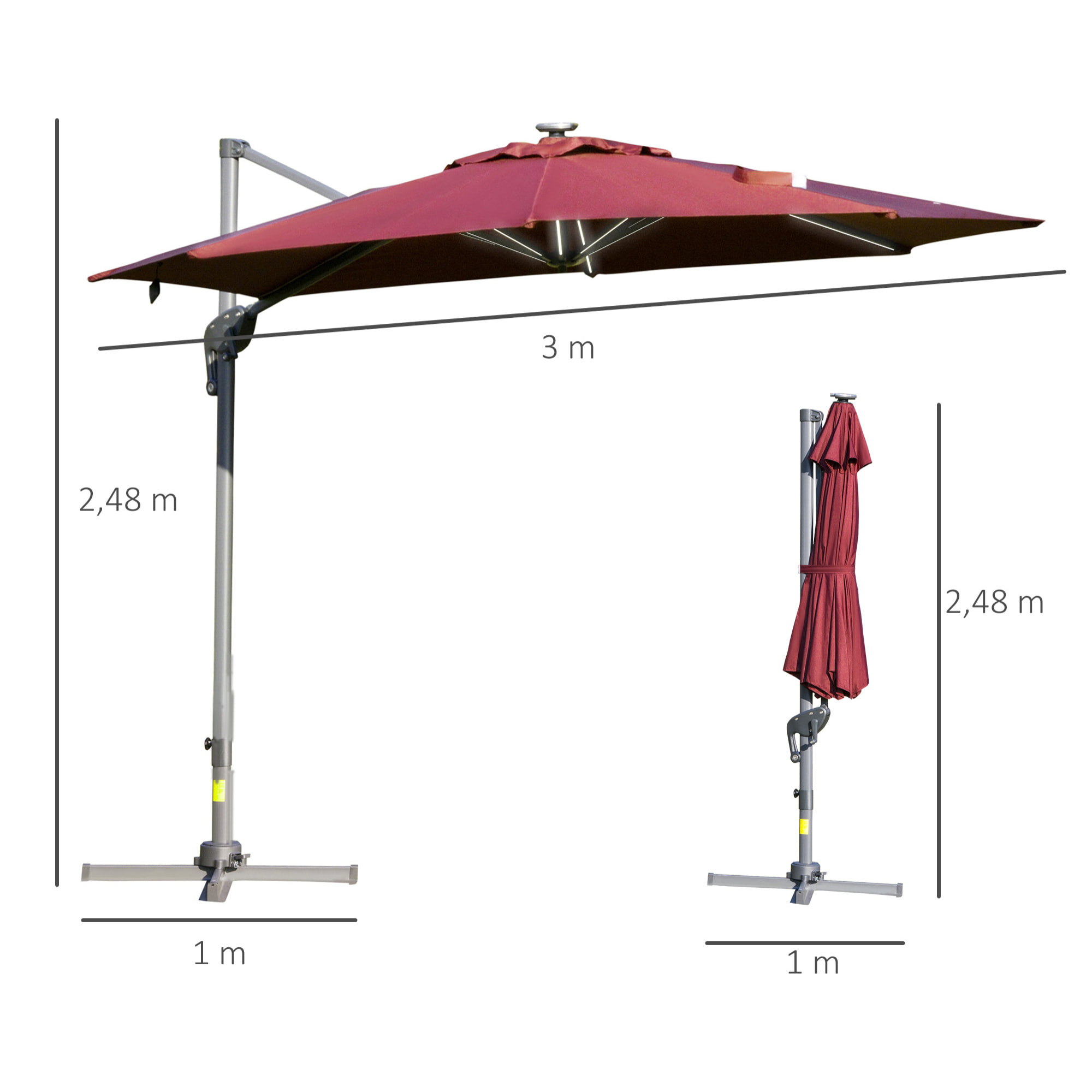 Sombrilla de 300 cm Protección UV 50+ Giratorio con Manivela Luces LED Rojo