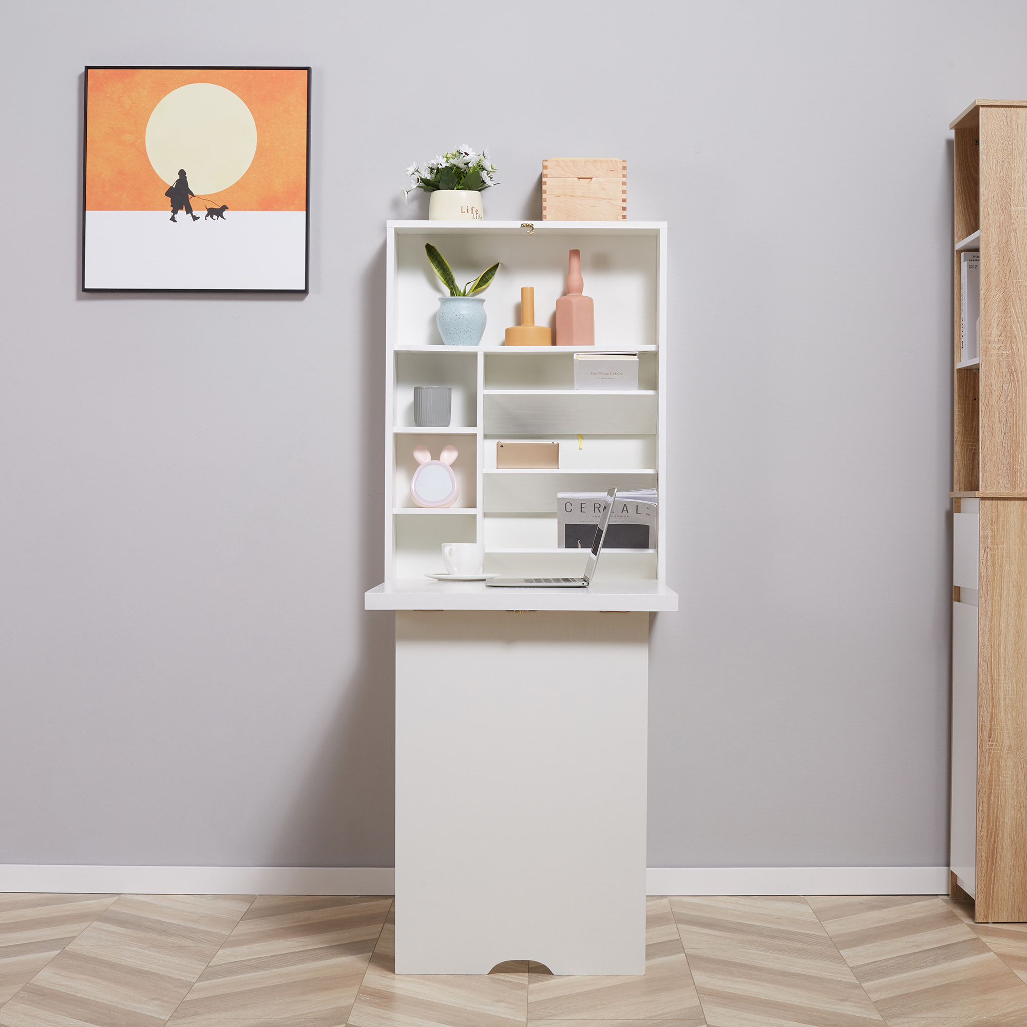 Bureau pliable rabattable - bureau bibliothèque 2 en 1 - étagères - blanc