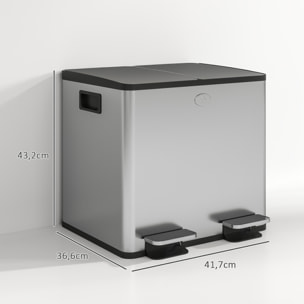 Cubo de Basura de Cocina con 2 Compartimentos 2x15L Papelera de Cocina de Acero Inoxidable con Pedales Tapas de Cierre Suave y Cubo Extraíble para Reciclaje Residuos Restos de Comida Plata