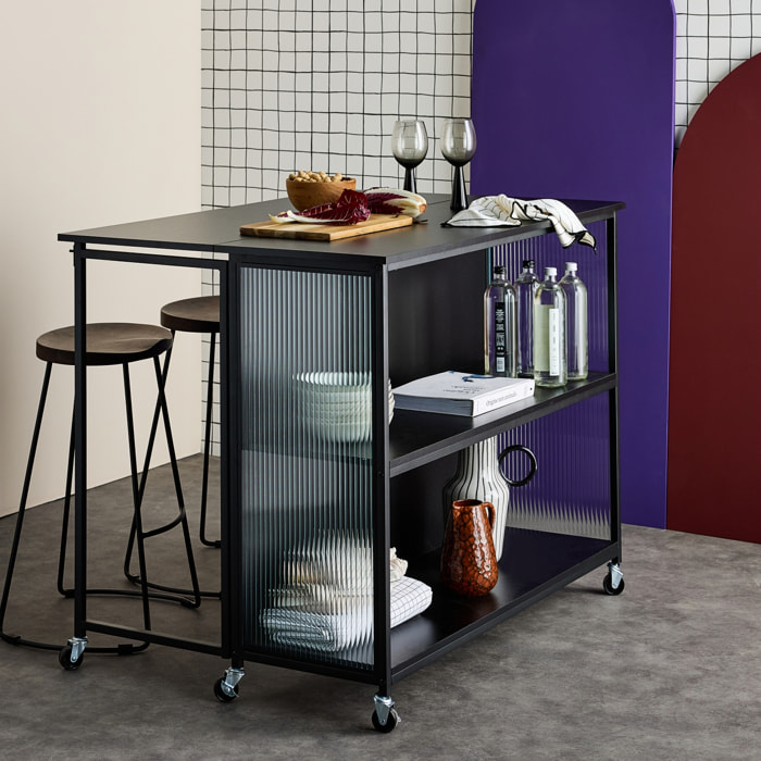 Desserte de cuisine noire extensible ALEXIS. rangements. table de bar. îlot de cuisine. 110 x 40/80 x 90 cm. avec étagères. roulettes