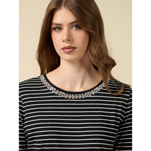 Oltre - Striped T-shirt with jewel chain - Negro