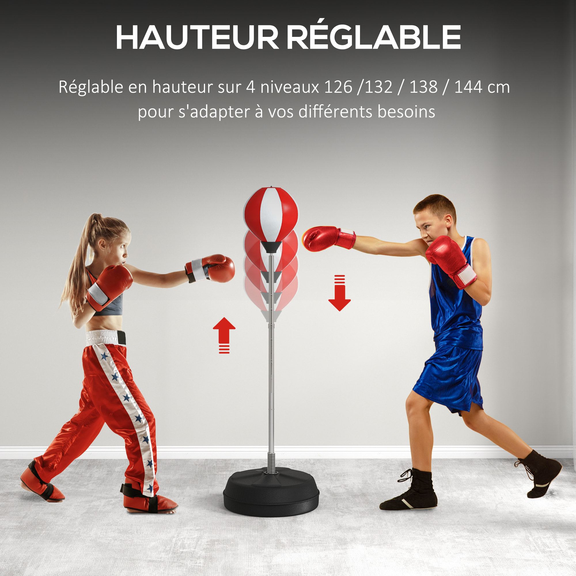 Punching ball sur pied réglable en hauteur 126-144 cm avec gants, pompe et base de lestage rouge blanc