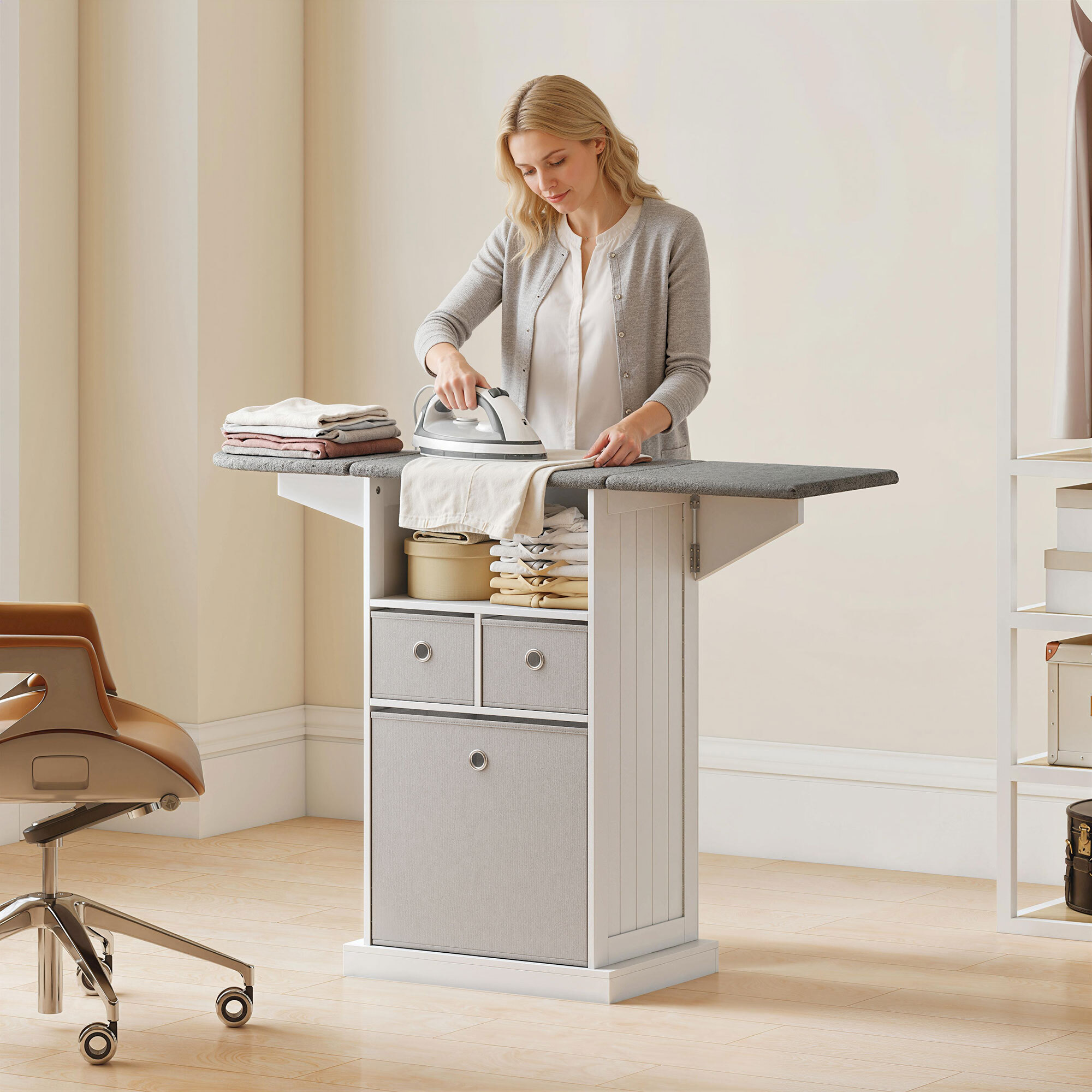 Mueble de Plancha con Ruedas, Tabla de Planchar Plegable, Mueble Planchador con 3 Cajones de Tela, Compartimento Abierto, 121x37x89,5 cm, Blanco