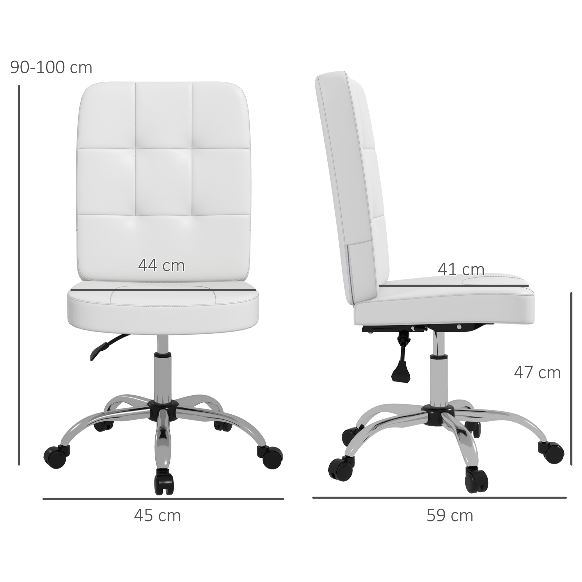 Silla de Oficina sin Brazos Silla de Escritorio Giratorio de Piel Sintética con Altura Ajustable Estilo Moderno Carga 120 kg 45x59x90-100 cm Blanco