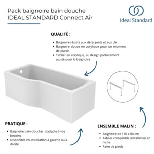 Baignoire bain douche 150 x 80 cm droite Connect Air + tablier + pieds