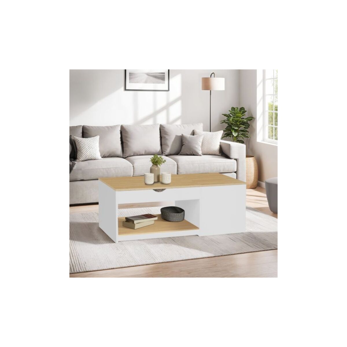 Table basse relevable + coffre Elina - 2 plateaux relevables