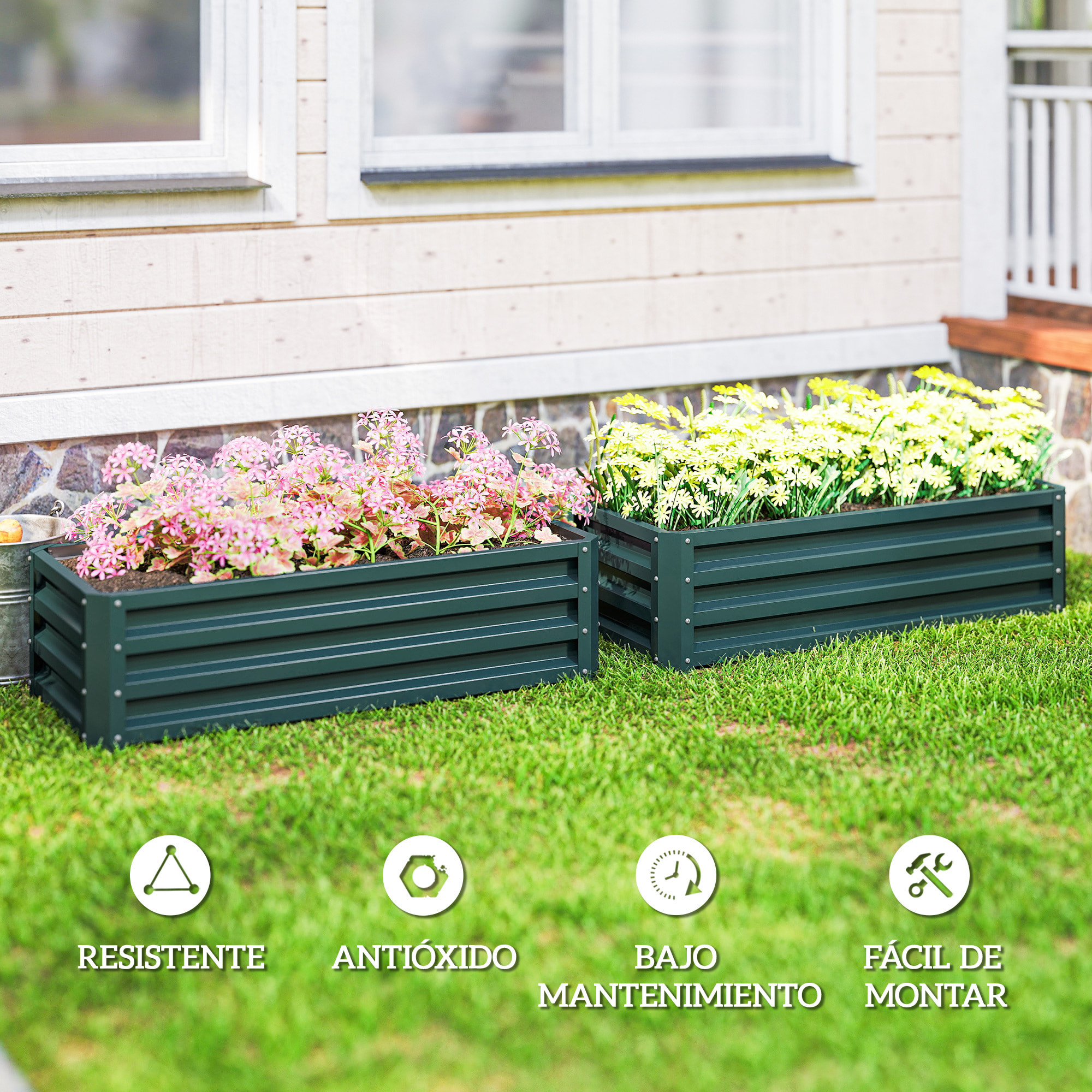 Juego de 2 Jardineras Exterior Grandes de Acero Galvanizado, Huertos Urbanos, Maceteros Exterior Elevados para Plantas, Flores, Terraza, Jardín, Resistente a la Intemperie, 110x50x30 cm Verde