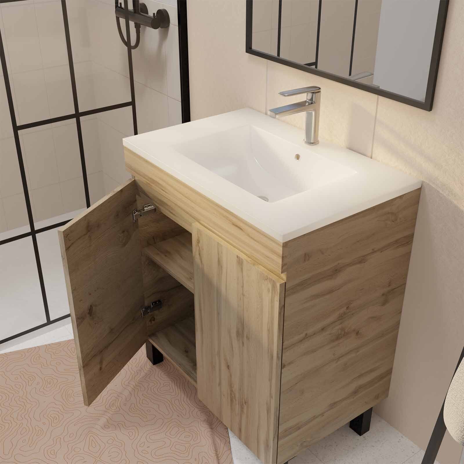 Meuble de salle de bains 70 cm TIMBER - Décor Chêne Naturel à portes avec Vasque céramique blanche