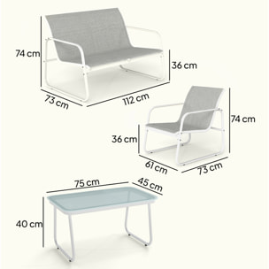 Conjunto Jardín Exterior de 4 Piezas, Muebles Jardín Exterior con Sofá de 2 Plazas, 2 Sillones, Mesa de Vidrio Templado, Tela de Textilene Transpirable, Estructura de Acero, Gris Claro