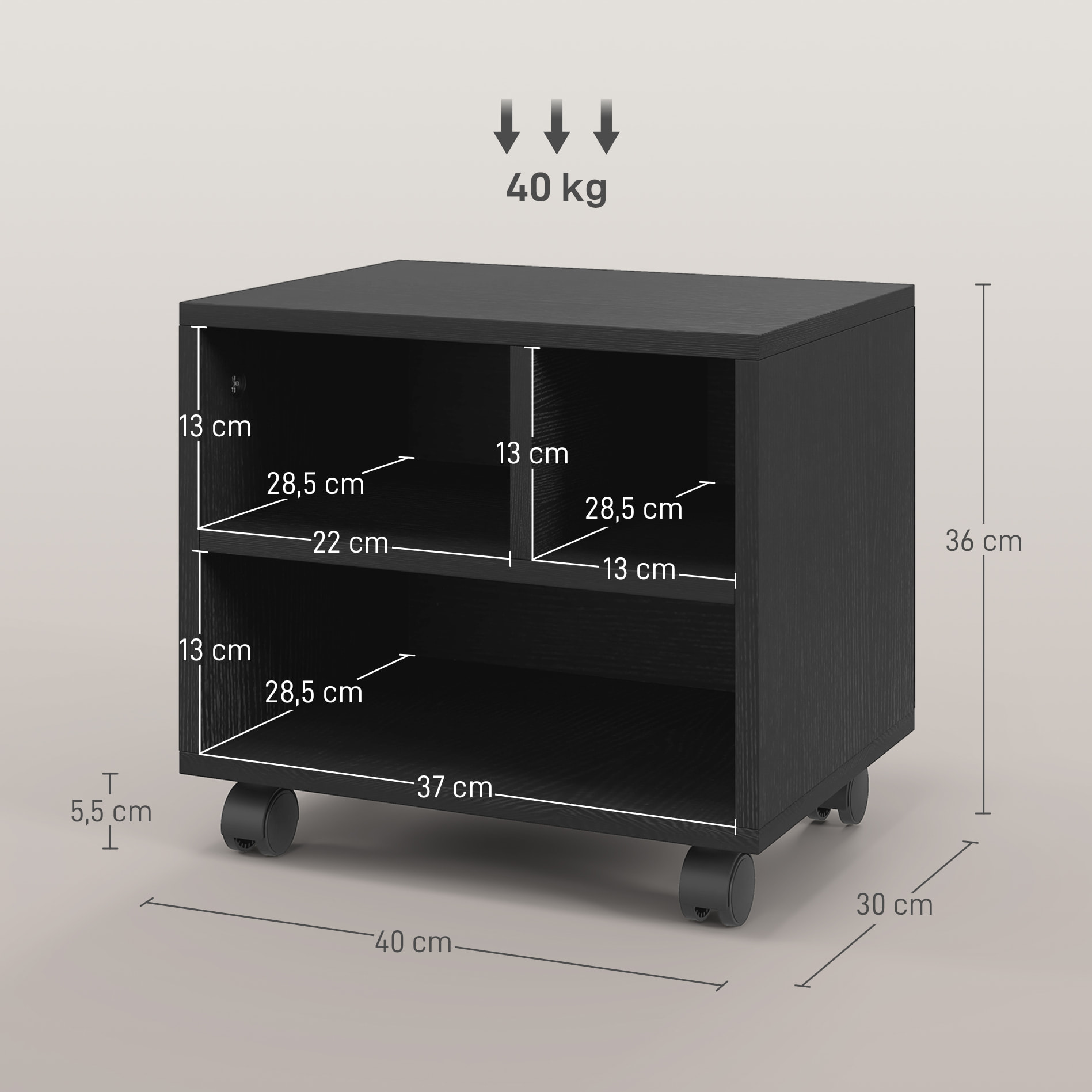 Mueble de Impresora con Ruedas Soporte de Impresora con Compartimentos Abiertos para Oficina Estudio 40x30x36 cm Negro