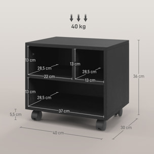 Mueble de Impresora con Ruedas Soporte de Impresora con Compartimentos Abiertos para Oficina Estudio 40x30x36 cm Negro
