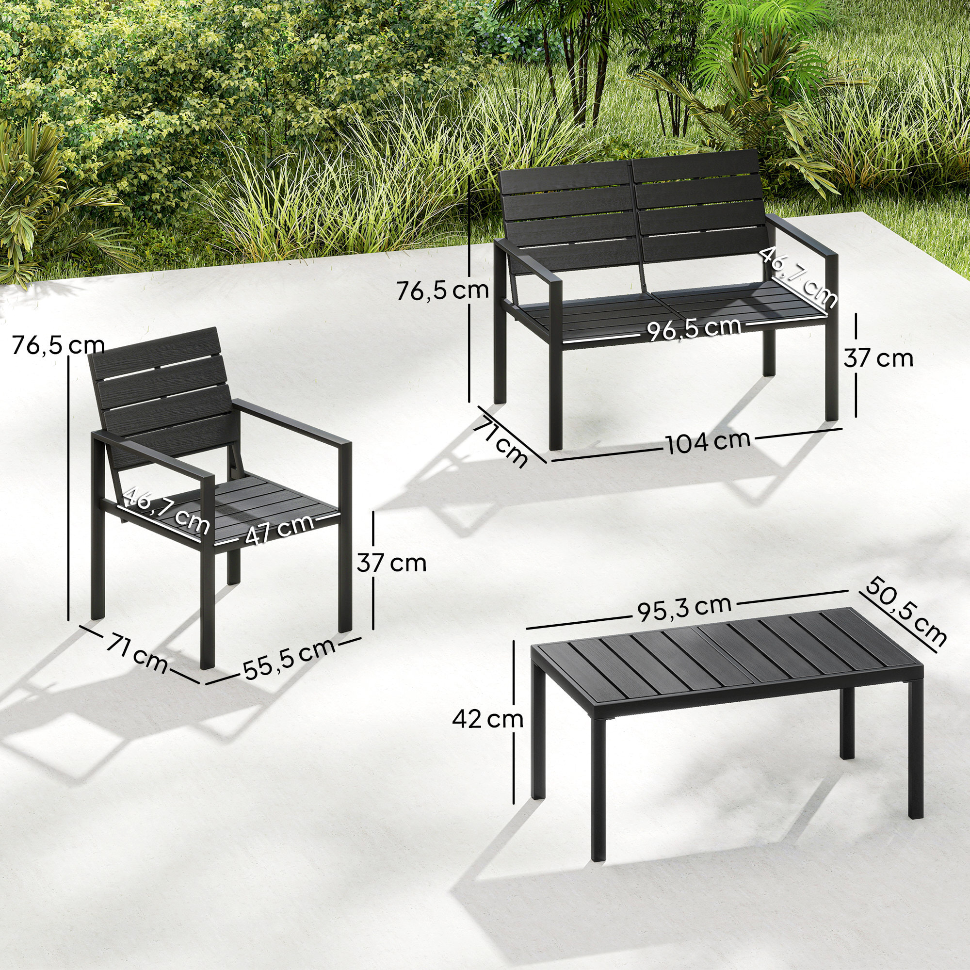 Conjunto de Muebles de Jardín para 4 Personas, Sofá de Jardín de 4 Piezas con Sofá de 2 Plazas, 2 Sillones, Mesa de Centro, Estructura Metálica, Negro