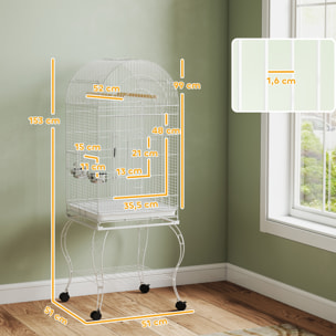 Jaula para Pájaros con Ruedas y Estante, 51x51x153 cm, Jaula Grande con Parte Superior Abatible, 2 Comederos, 2 Perchas, 4 Puertas y Bandeja Extraíble, para Loros y Canarios, Blanco