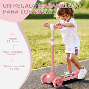 Patinete para Niños de 2-6 Años Patinete Infantil Patinete con 3 Ruedas Luces LED Altura Ajustable Carga 25 kg 52x29x63-76 cm Rosa