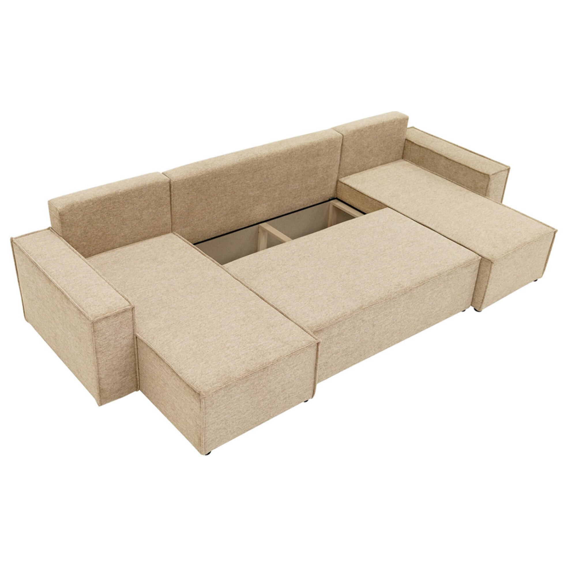Cezanne - Canapé panoramique en U 7 places convertible avec coffre en tissu texturé - Beige