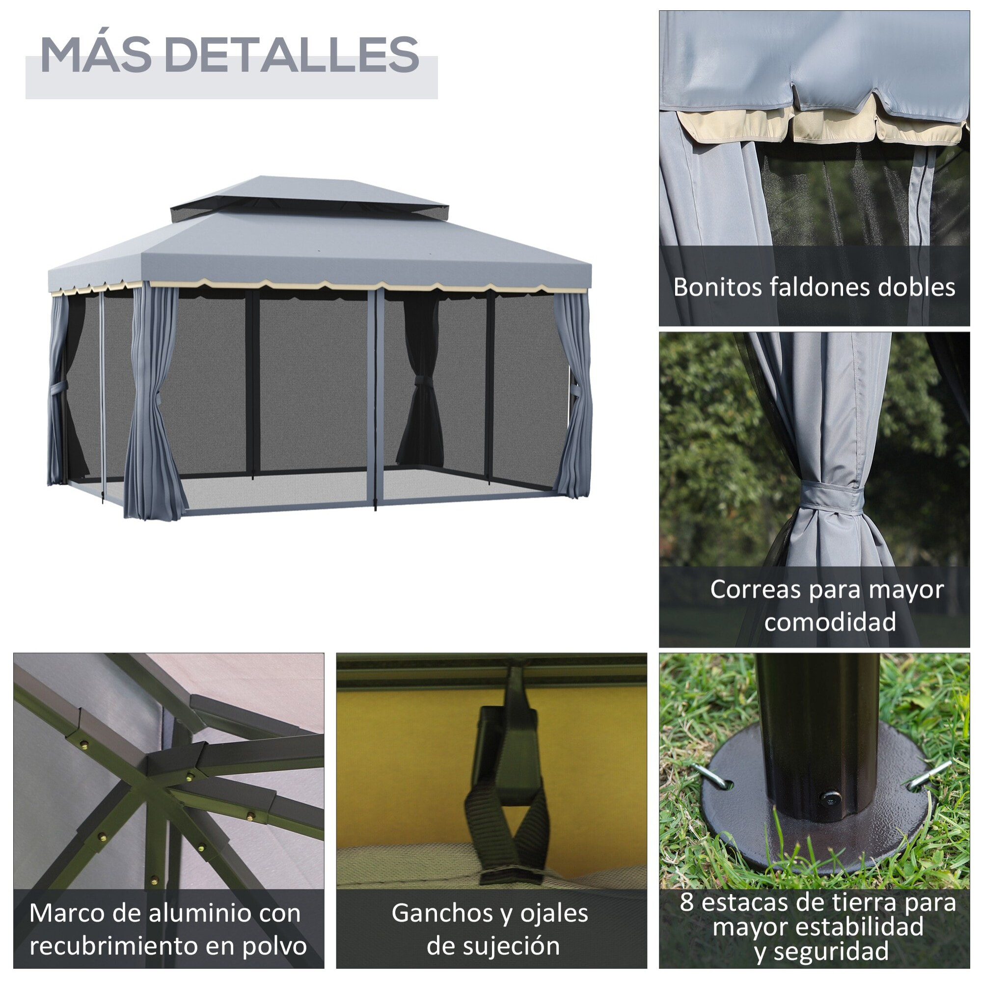 Conjunto de Cenador Incluye 1 Cenador de Jardín 4x3 m con 4 Cortinas Laterales 4 Mosquiteras y 1 Techo de Repuesto 4x3 m para Fiestas Eventos Exterior Gris y Crema