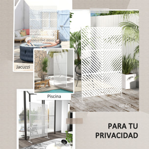 Biombo de Exterior Separador de Ambientes con 3 Piezas Patrón de Triángulo Invertido con Marco de Acero Pantalla de Privacidad para Patio Terraza Jardín 122x45x198 cm Blanco