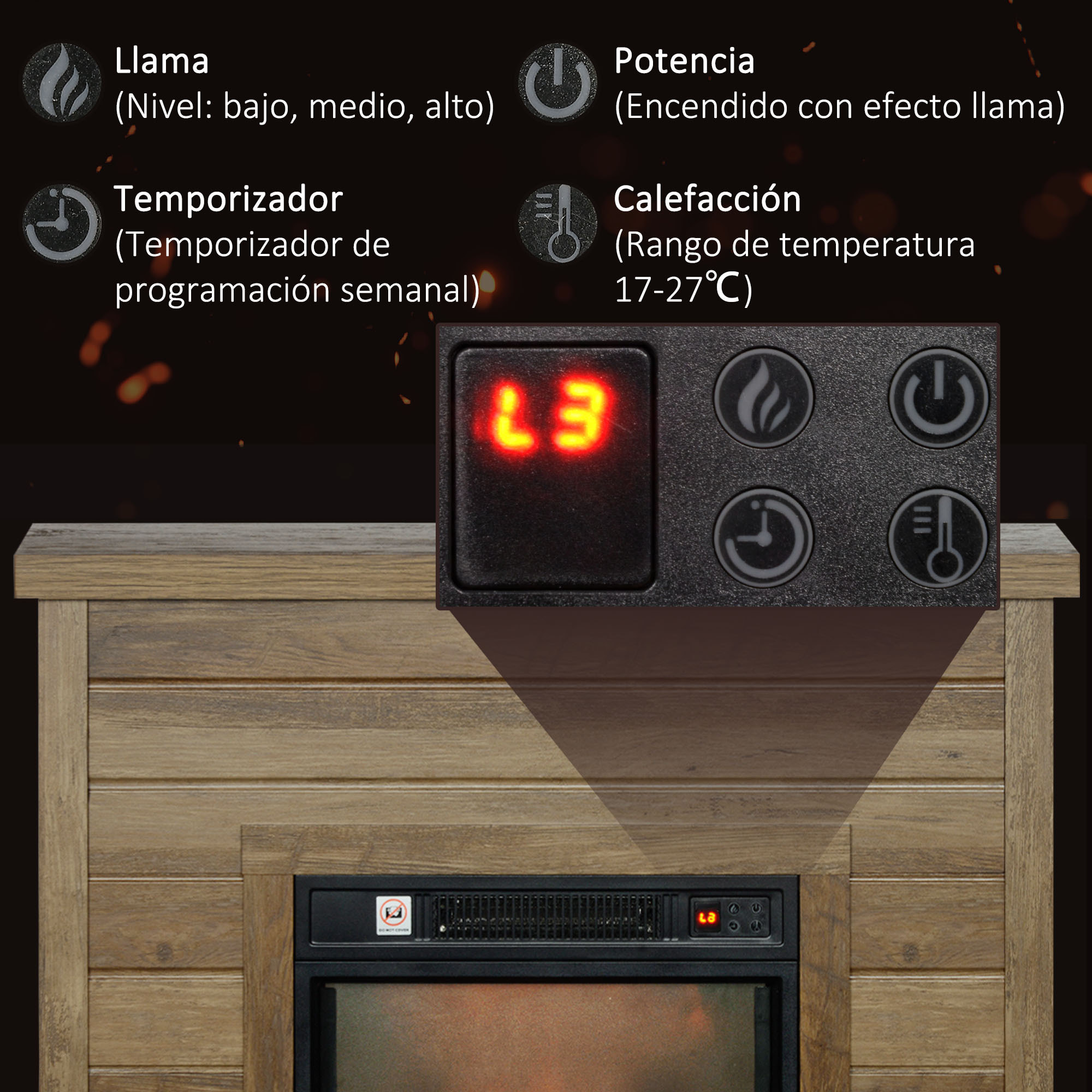 Chimenea Eléctrica, Chimenea Decorativa con Efecto de Llama, Calefacción 1800 W, Control Remoto, Temporizador Semanal, Protección Contra Sobrecalentamiento, Natural