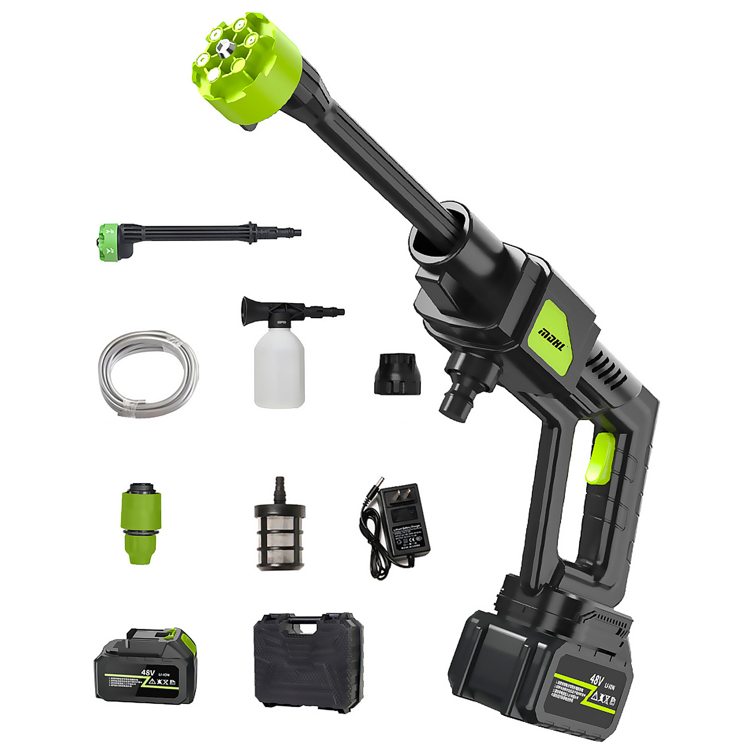 Pistola de lavado a presión 7 en 1 con batería incorporada de 12000 mAh, 300W de potencia y 30 bares de presión.