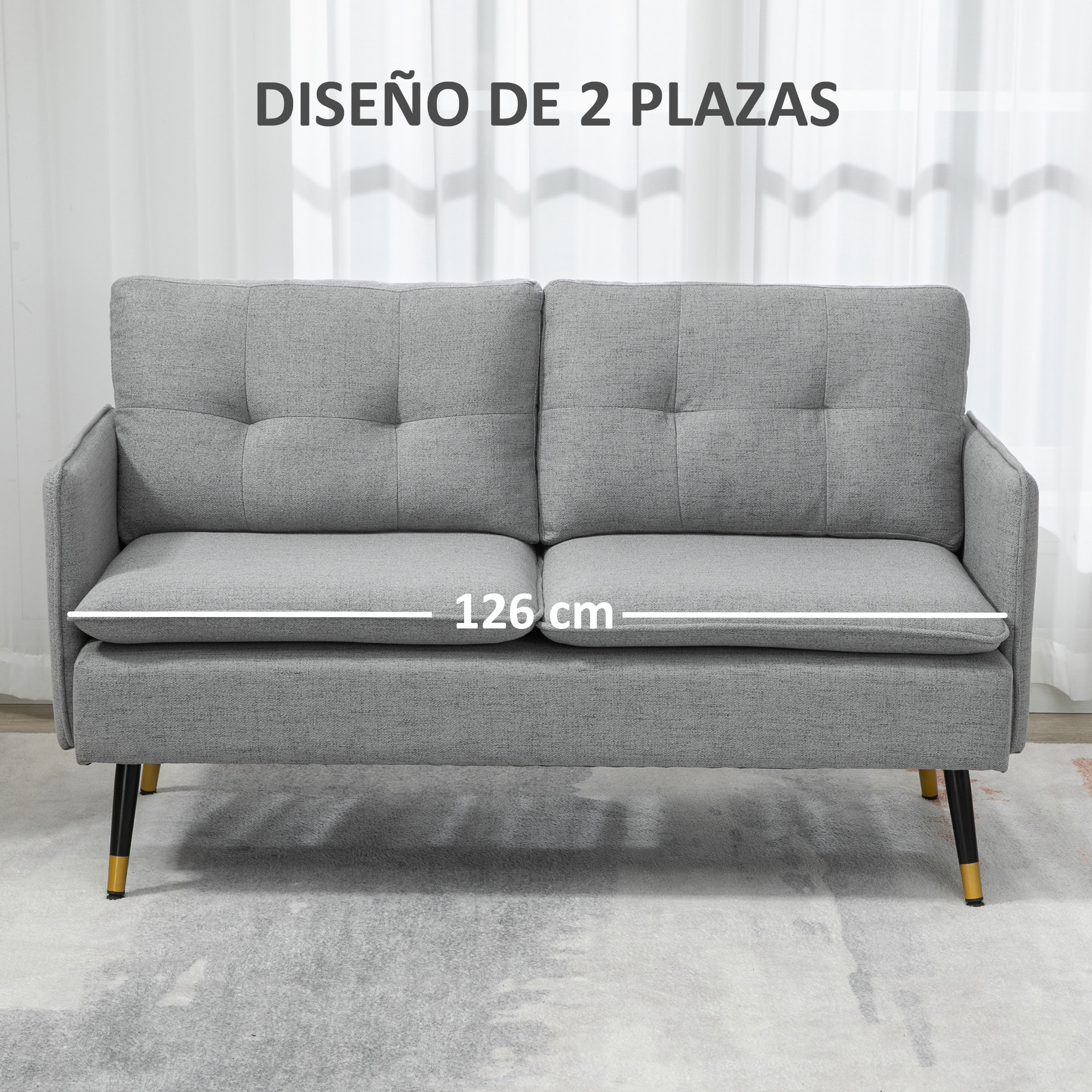 Sofá de 2 Plazas Moderno Sofá de Salón Tapizado en Poliéster con 4 Cojines Reposabrazos y Patas de Acero para Dormitorio Oficina Carga 240 kg 139x68x80 cm Gris