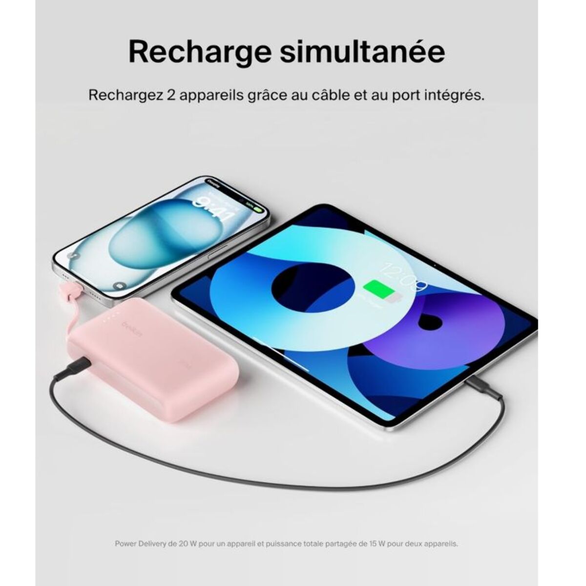 Batterie externe BELKIN 10000 mAh avec cable USB-C intégre pink