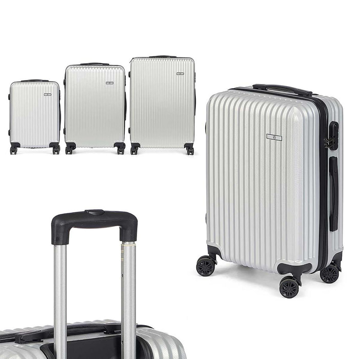 Set di 3 valigie trolley in ABS, leggere e resistenti. Progettazione del nastro.