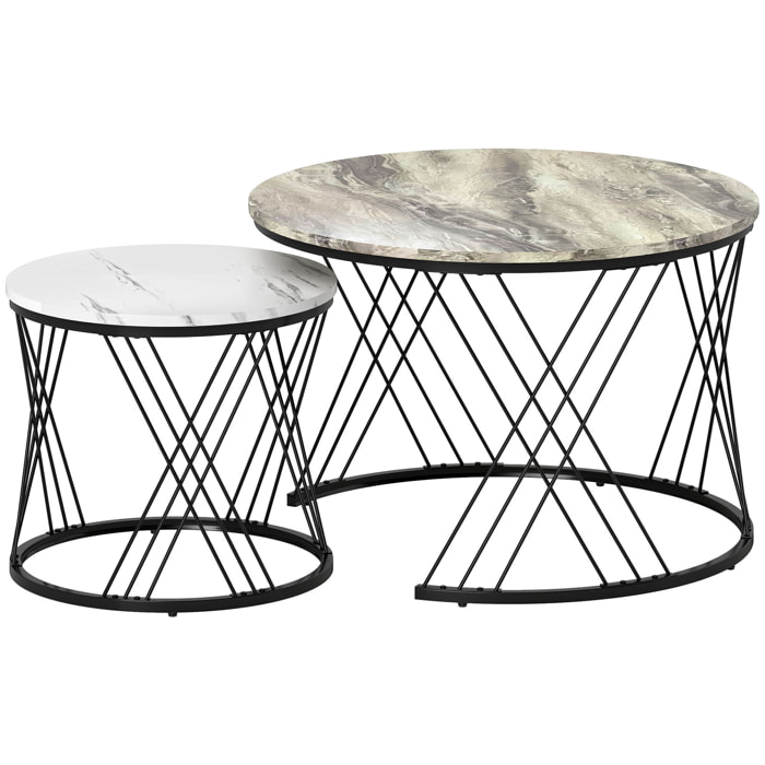 Lot de 2 tables basses design gigognes rondes dia. 70/44,5 cm métal noir effet marbre gris blanc