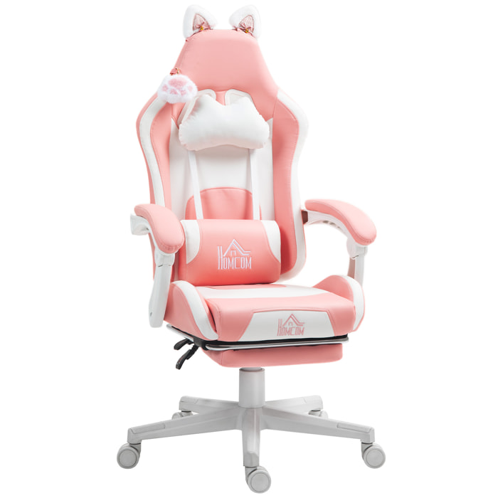 Silla Gaming con Orejas Silla Gamer Reclinable con Altura Ajustable Reposapiés Retráctil Soporte Lumbar y Reposacabezas Desmontable Silla para Oficina Estudio Rosa