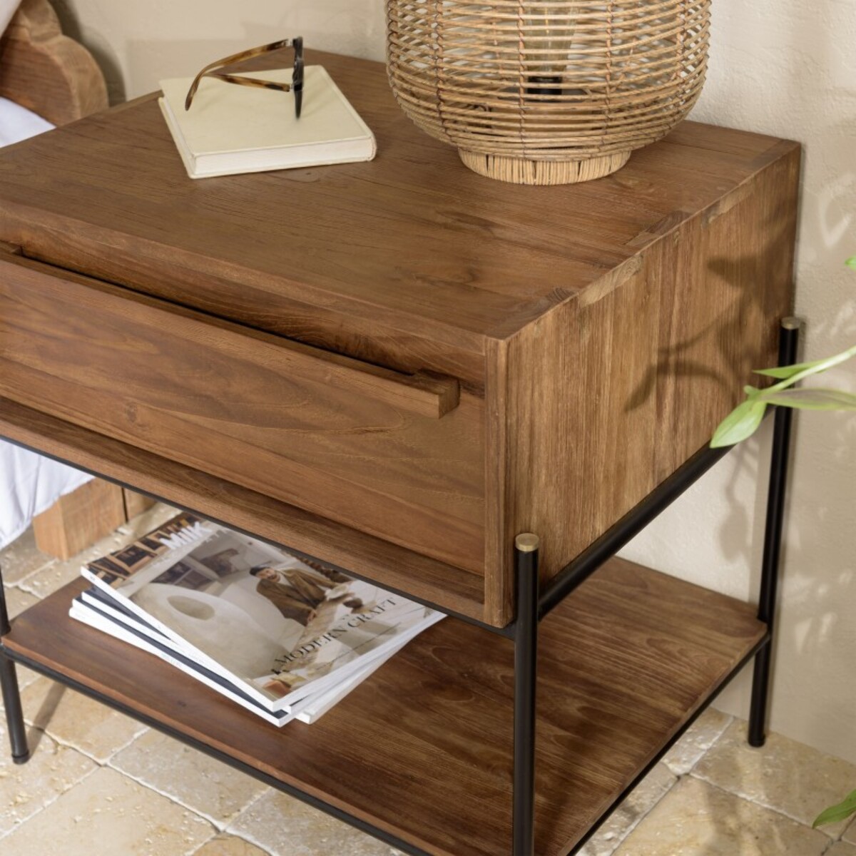 SIXTINE - Table de chevet 1 niche bois de teck recyclé