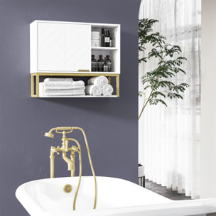 Armoire murale de salle de bain - porte, 2 étagères, 2 niches - acier doré MDF blanc