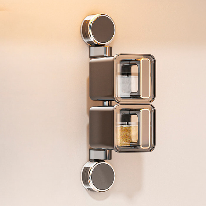 Organizzatore trasparente per spezie da cucina da parete con ventose, maniglie ergonomiche con corpo rotante a 180°, 2 scomparti