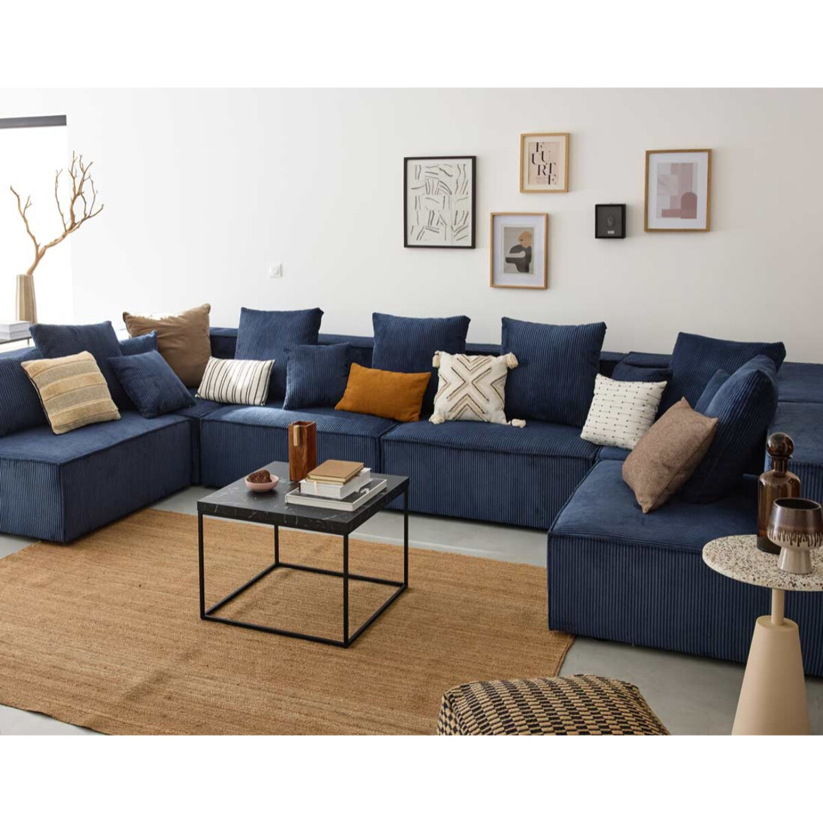 Colombine - canapé modulable panoramique - 7 places - en velours côtelé - Bleu nuit