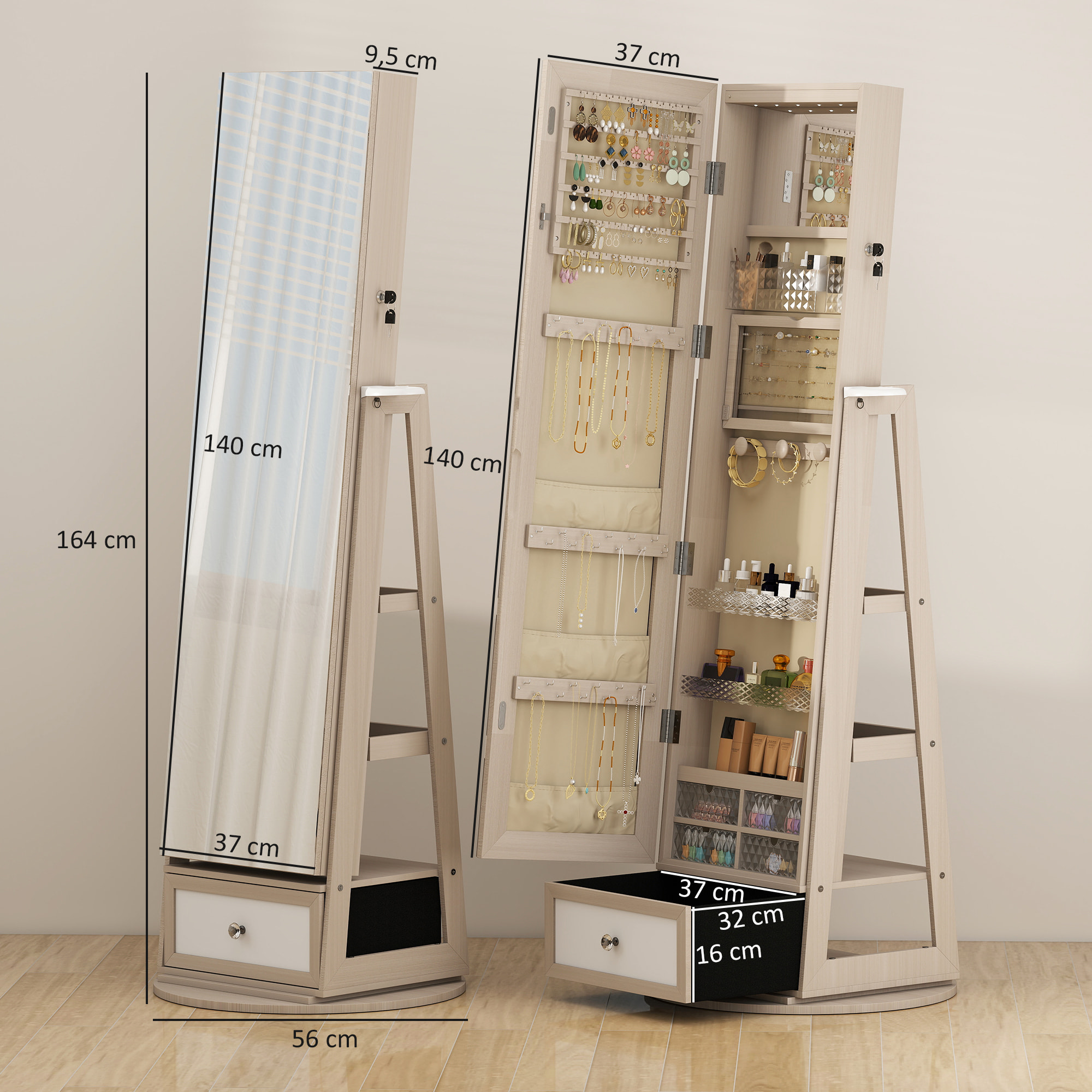 Espejo Joyero con Luces LED, Armario para Joyas, Armario Joyero con Espejo Entero, Giratorio de 360°, Cajón, Cerradura, Estantes Abiertos, Soporte para Secador, Natural