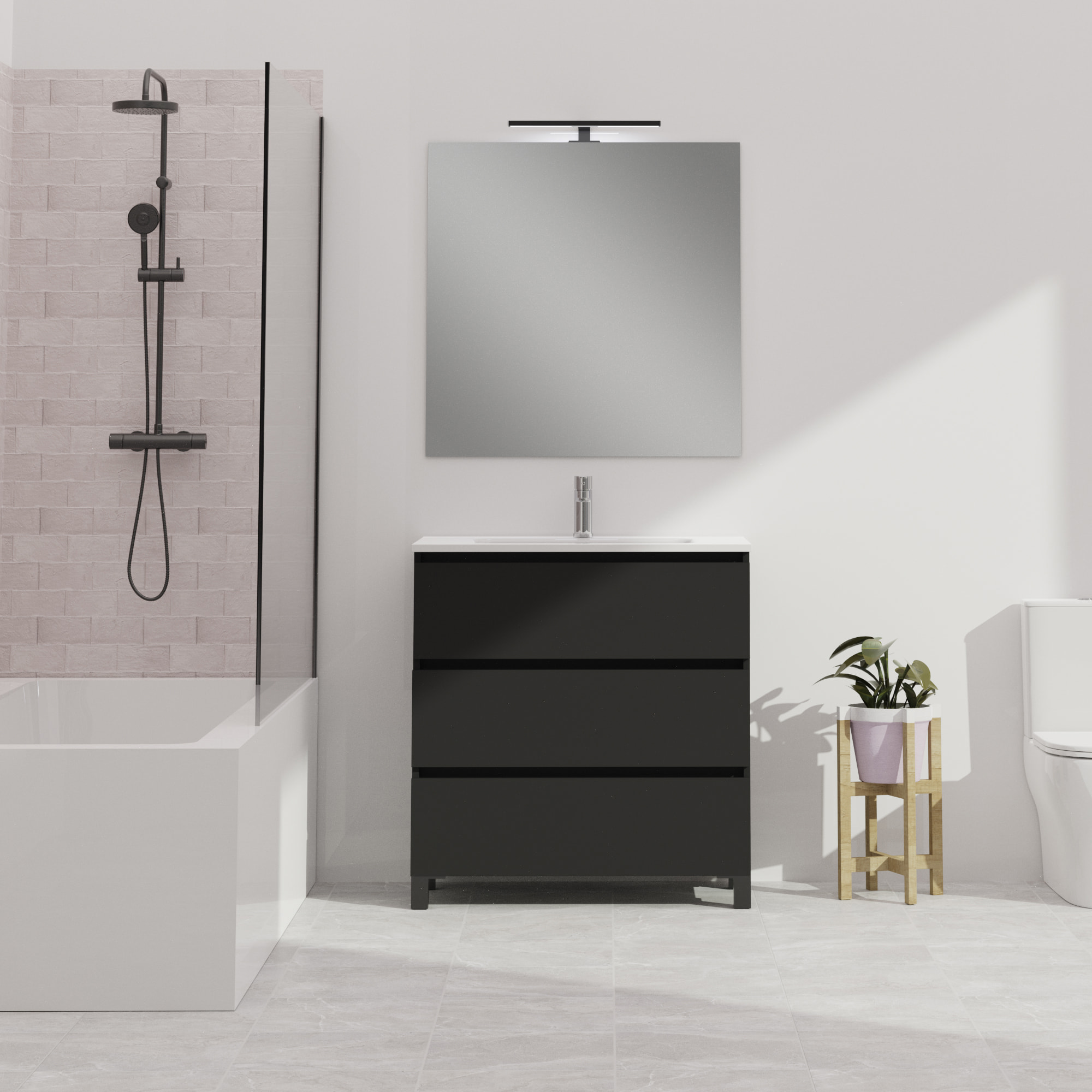Conjunto de baño Wink | 90 cm Negro Mate | Tres cajones | Lavabo encastrado | No incluye espejo | Mueble montado | Alday