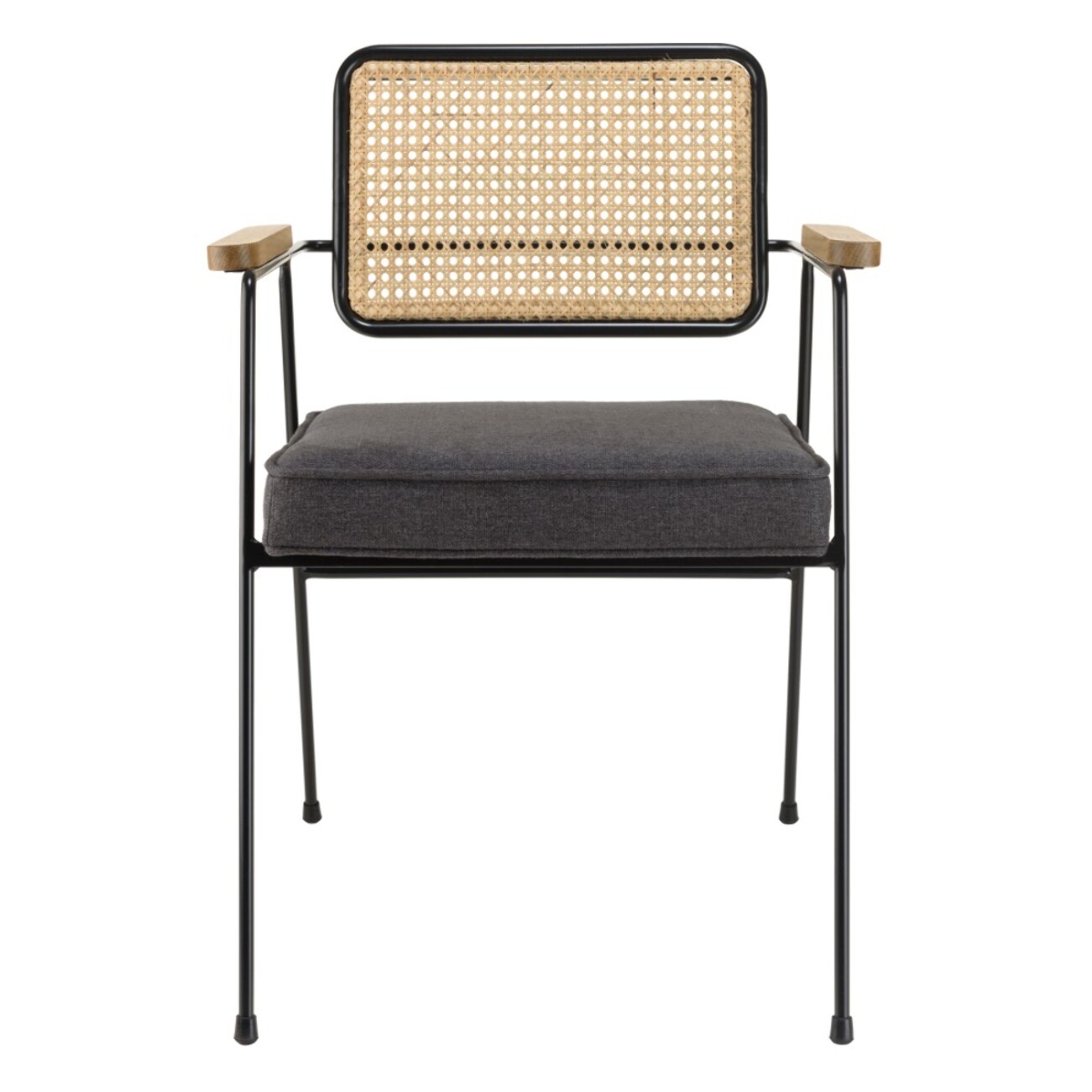 AGATHE - Fauteuil métal noir assise tissu gris foncé dossier rotin