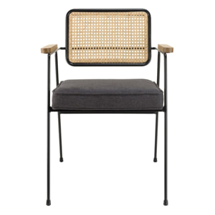 AGATHE - Fauteuil métal noir assise tissu gris foncé dossier rotin